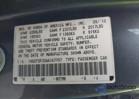 2010 Honda Accord 2.4 Lx from USA, damaged, VIN 1HGCP2F33AA147707